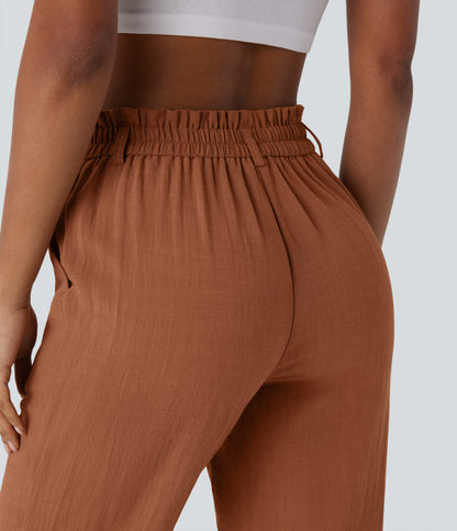 High Waisted Button Zipper Side Pocket Capri Resort Linen-Feel Pants