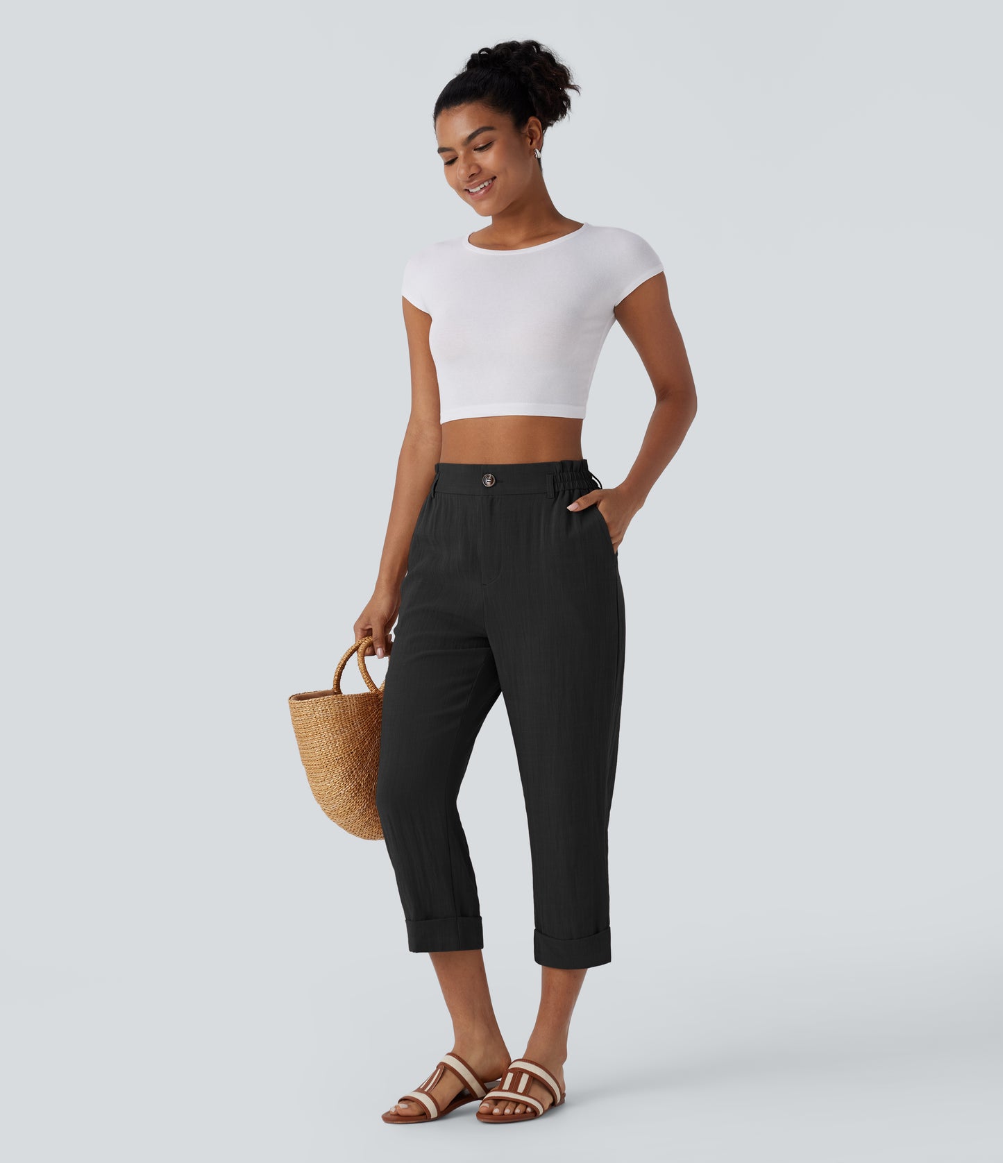 High Waisted Button Zipper Side Pocket Capri Resort Linen-Feel Pants