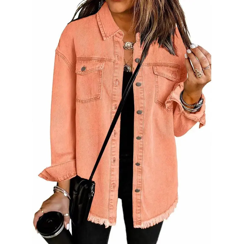 Washed Denim Shirt Jacket — Oversized Frayed-Hem Denim Overshirt