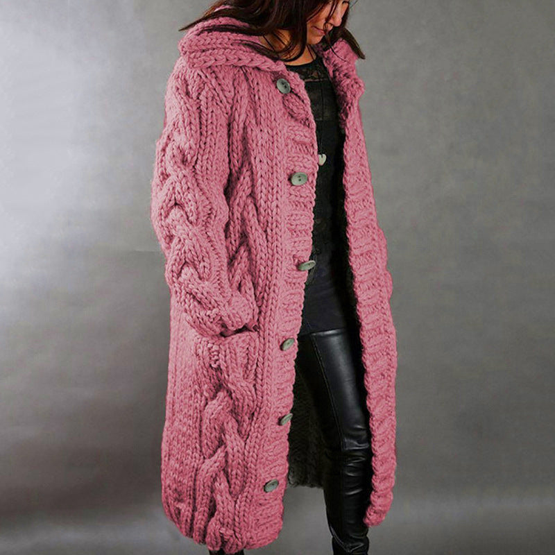 Women's Oversized Cable Knit Hooded Long Cardigan – Button-Front Sweater Coat, Plus Size S–5XL