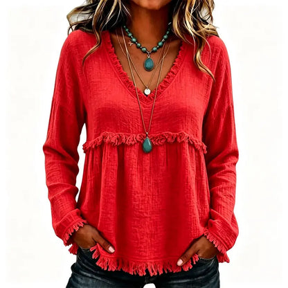 Women’s Boho V Neck Long Sleeve Fringe Top Plus Size S-3XL