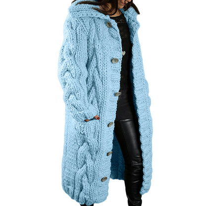Women's Oversized Cable Knit Hooded Long Cardigan – Button-Front Sweater Coat, Plus Size S–5XL
