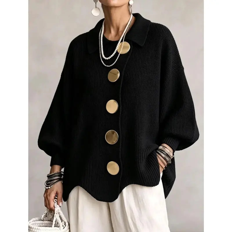 Women's French Lapel Knit Cardigan – Loose Sweater Coat with Big Metal Buttons & Lantern Sleeves