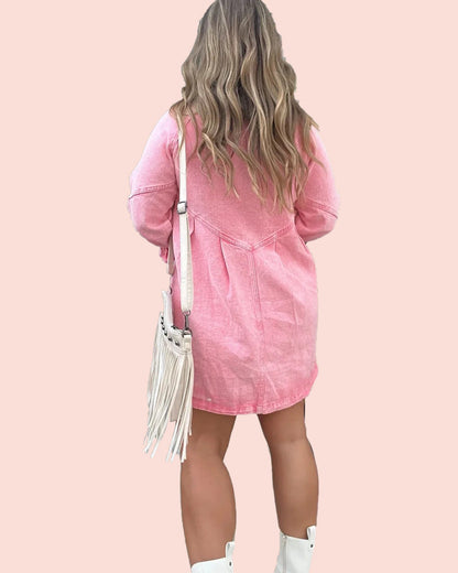 Button Denim Bubble Sleeve Dress