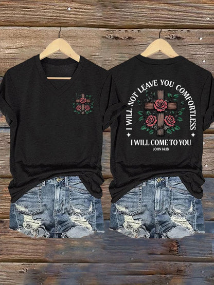 Women's faith cross printed V-neck T-shirt