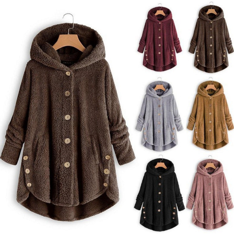 Women's Plush Round Neck Winter Coat – Thick Warm Button-Front Jacket with Asymmetric Hem