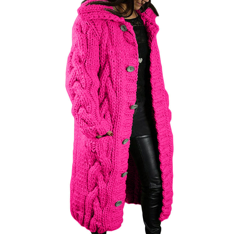 Women's Oversized Cable Knit Hooded Long Cardigan – Button-Front Sweater Coat, Plus Size S–5XL