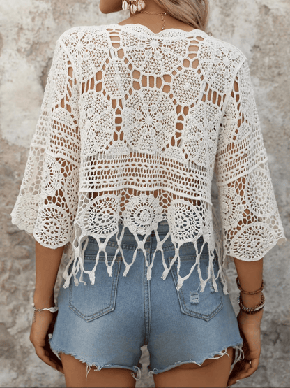 Women's Plain Fringe Trim Cut Out Sheer Cover Up, Boho Scallop Trim 3/4 Sleeve Round Neck Cover Up for Beach Vacation, Ladies Spring & Fall Clothes