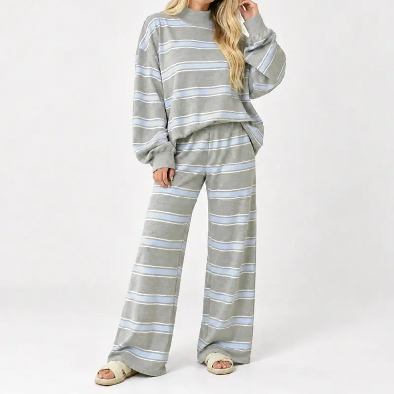 Women's Striped 2 Piece Set – Oversized Mock Neck Top & Wide Leg Pants