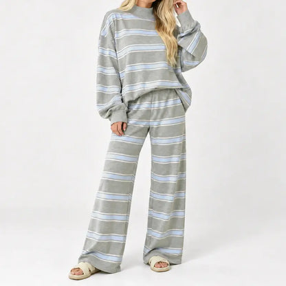 Women's Striped 2 Piece Set – Oversized Mock Neck Top & Wide Leg Pants