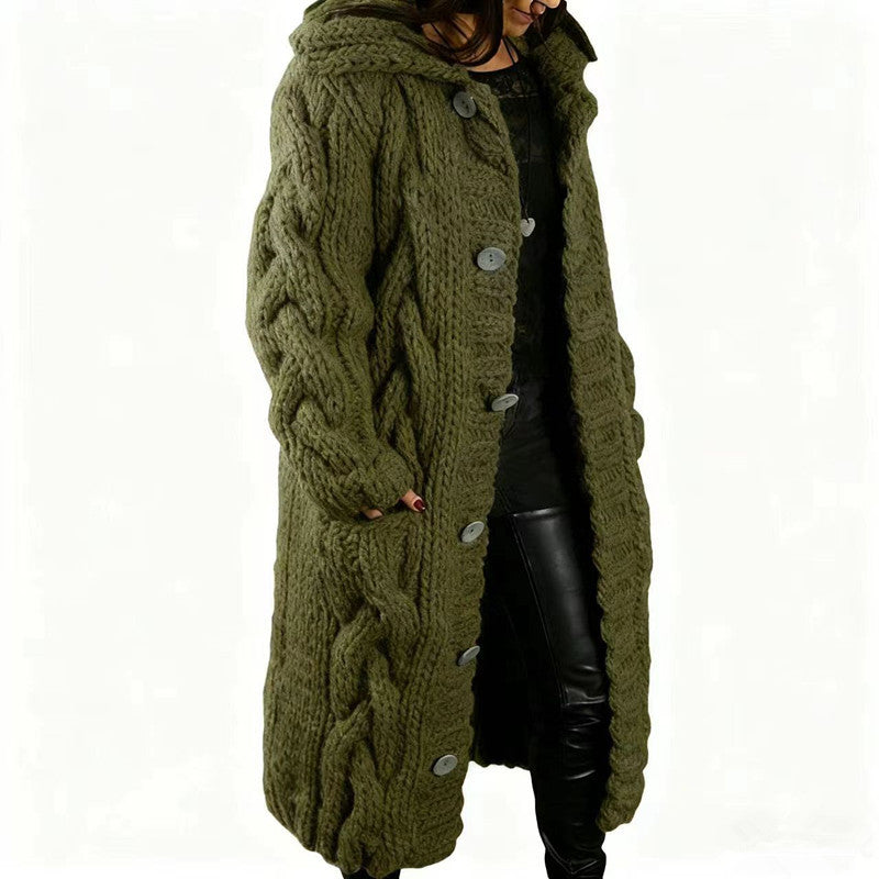 Women's Oversized Cable Knit Hooded Long Cardigan – Button-Front Sweater Coat, Plus Size S–5XL