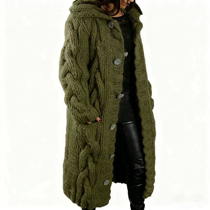 Women's Oversized Cable Knit Hooded Long Cardigan – Button-Front Sweater Coat, Plus Size S–5XL