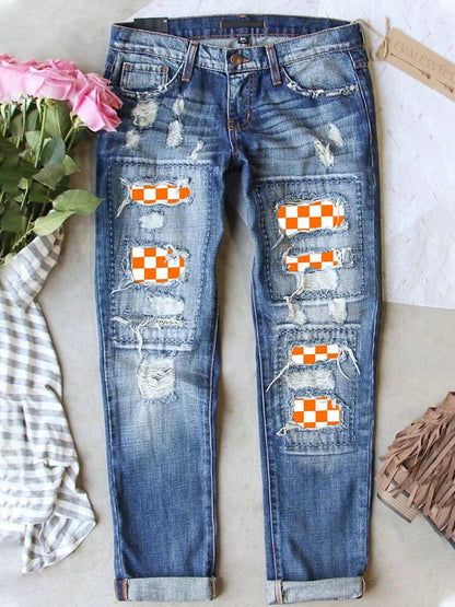 Women's Orange Plaid Graphic Ripped Patchwork Mid Waist Casual Jeans