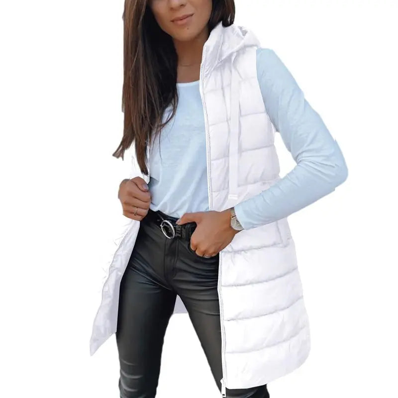 Women Long Puffer Vest Solid Color Sleeveless Hooded Winter Outwear