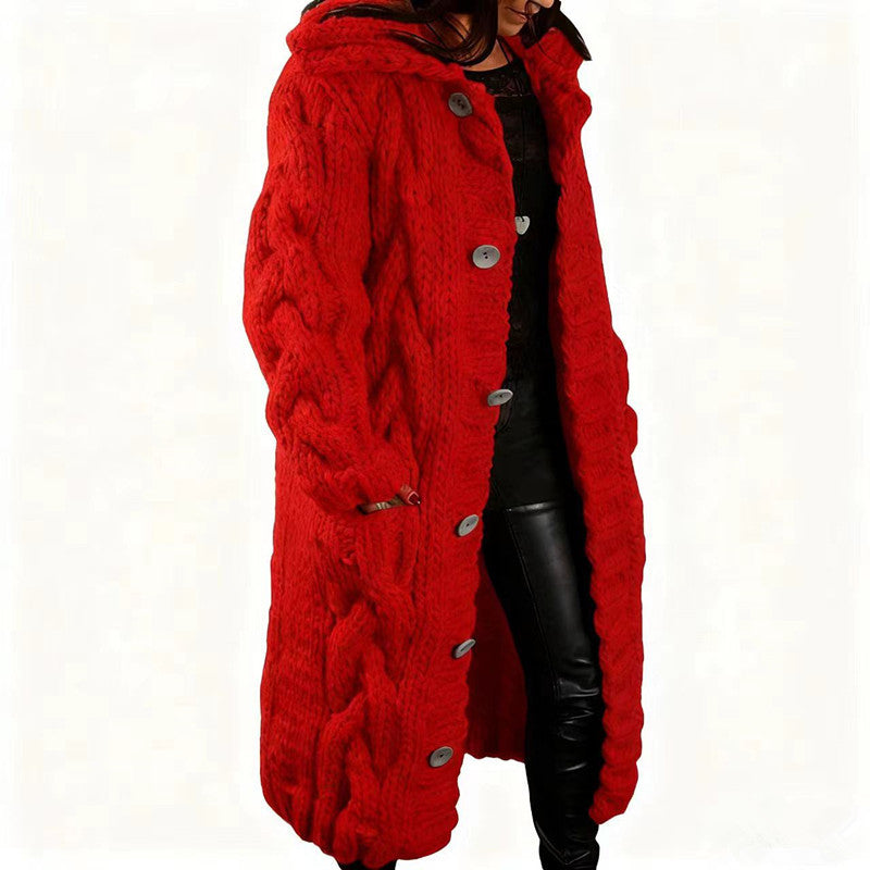 Women's Oversized Cable Knit Hooded Long Cardigan – Button-Front Sweater Coat, Plus Size S–5XL
