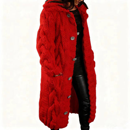 Women's Oversized Cable Knit Hooded Long Cardigan – Button-Front Sweater Coat, Plus Size S–5XL