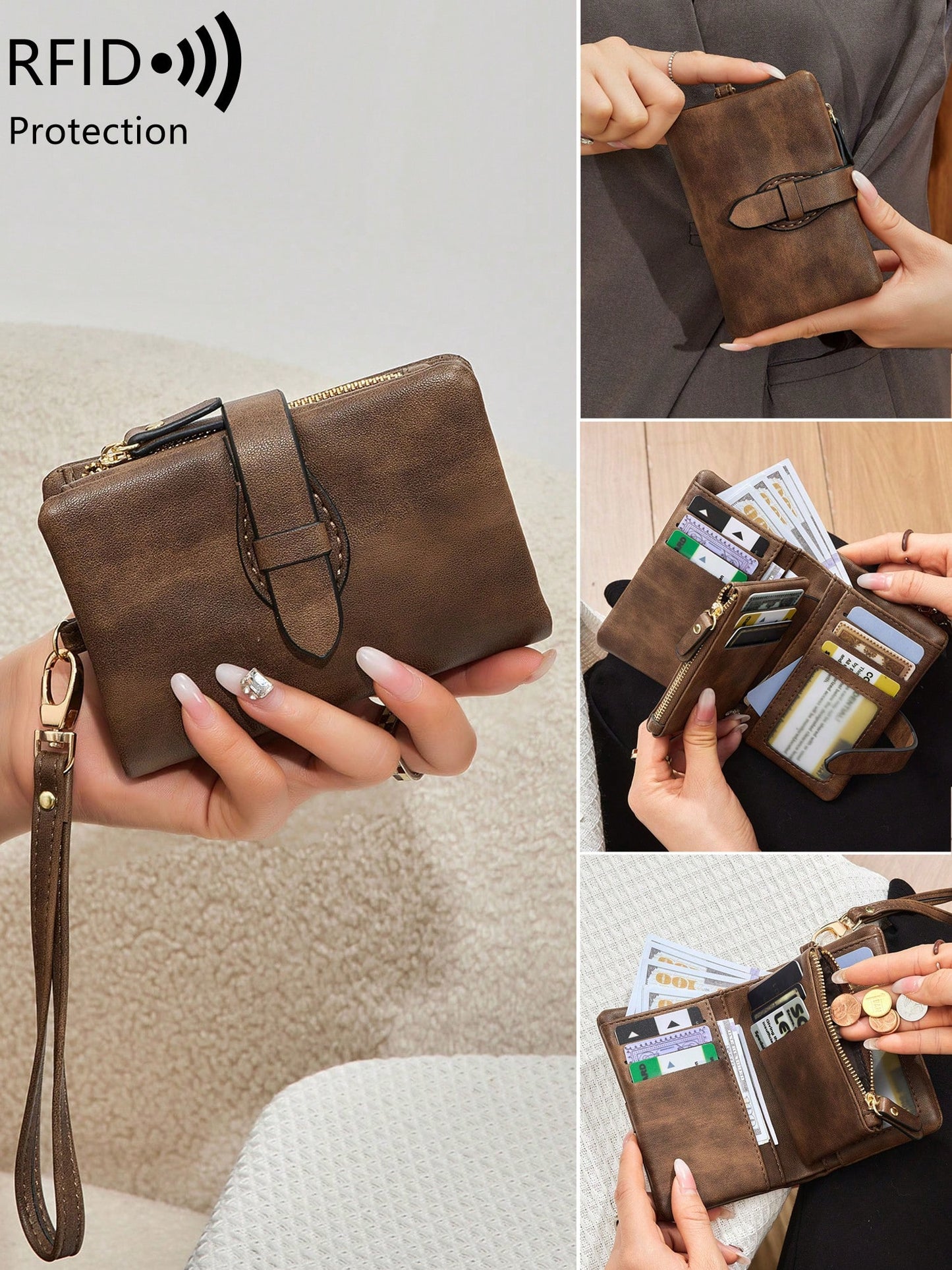 Women's RFID Tri-Fold Wallet with Card Slots & Zip Coin Pocket