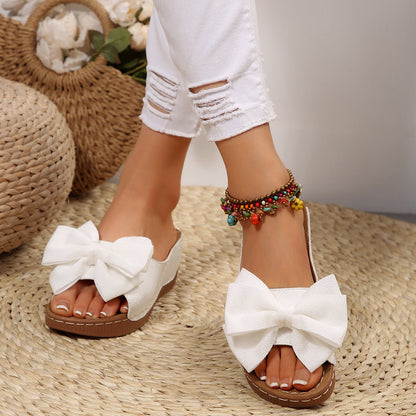 Women’s Liora Bow Flower Platform Wedge Slide Sandals – Peep-Toe Wide Strap Summer Slides