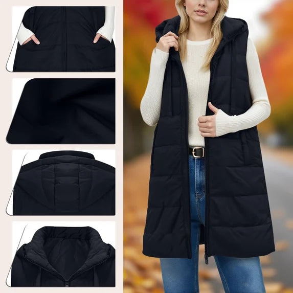 Women Long Puffer Vest Solid Color Sleeveless Hooded Winter Outwear