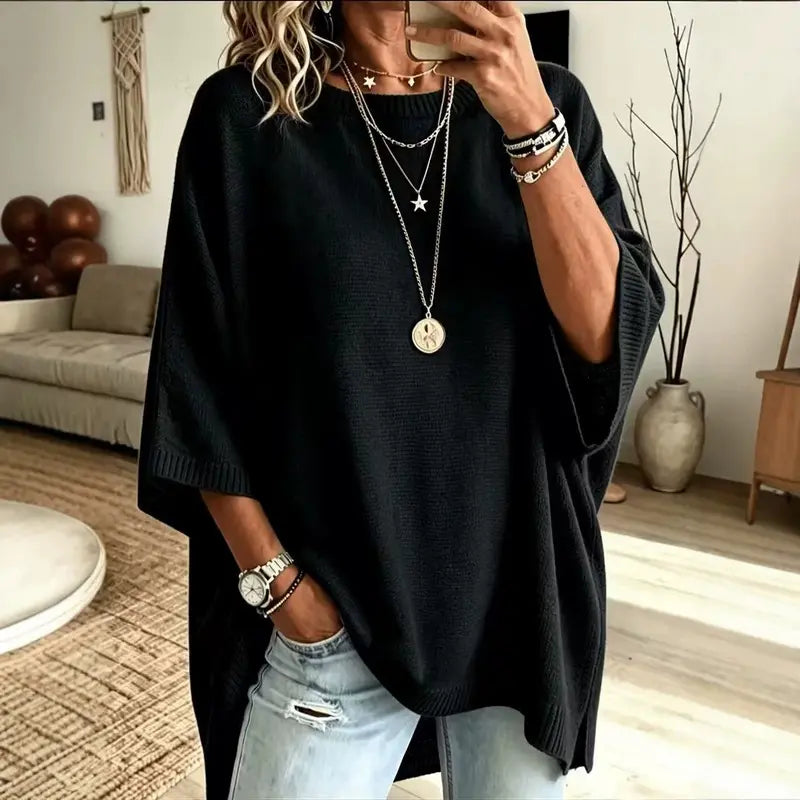 Women's Loose Fit Crew Neck Knit Sweater – Lightweight Solid Color Casual Top