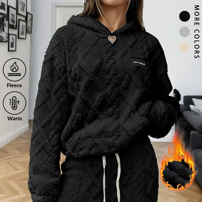 Women's Cable Knit Sherpa Fleece Hoodie & Joggers, Plus-Size 2-Piece Lounge Set