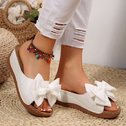 Women’s Liora Bow Flower Platform Wedge Slide Sandals – Peep-Toe Wide Strap Summer Slides