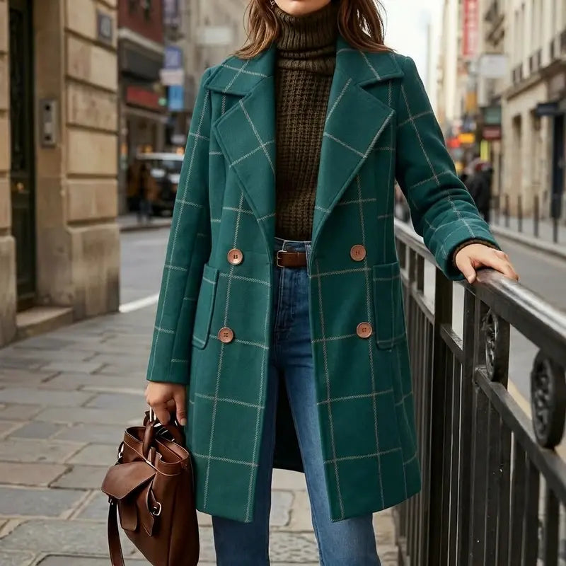 Women's Plaid Wool Blend Trench Coat – Windproof Notch Lapel Mid-Length Overcoat