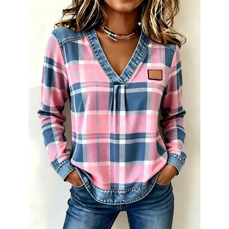 Colorblock Plaid V-Neck Long Sleeve Top — Faux Denim Patchwork Print, S–6XL