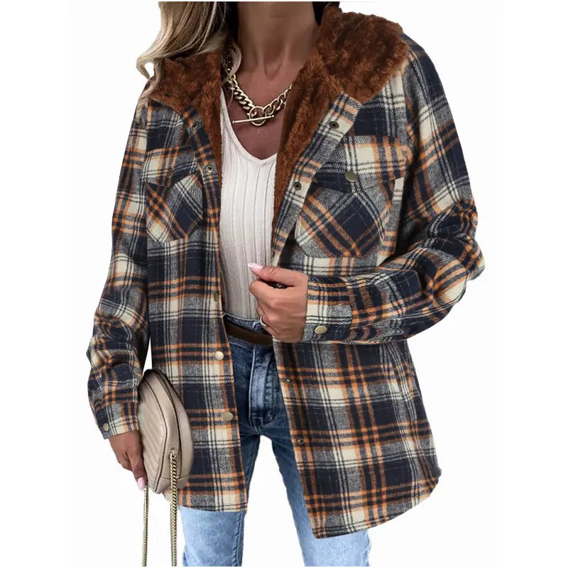 Women's Plaid Shacket Jacket - Hooded & Warm