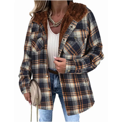 Women's Plaid Shacket Jacket - Hooded & Warm