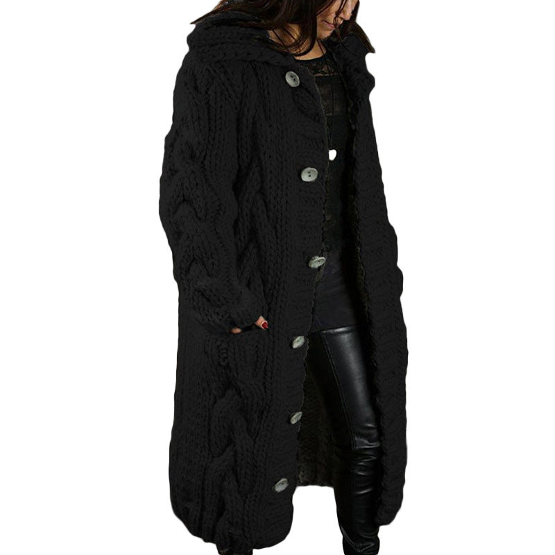 Women's Oversized Cable Knit Hooded Long Cardigan – Button-Front Sweater Coat, Plus Size S–5XL