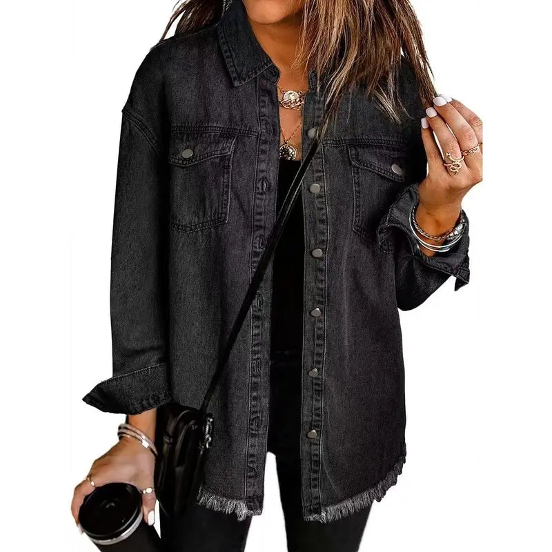 Washed Denim Shirt Jacket — Oversized Frayed-Hem Denim Overshirt
