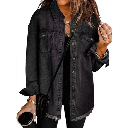 Washed Denim Shirt Jacket — Oversized Frayed-Hem Denim Overshirt