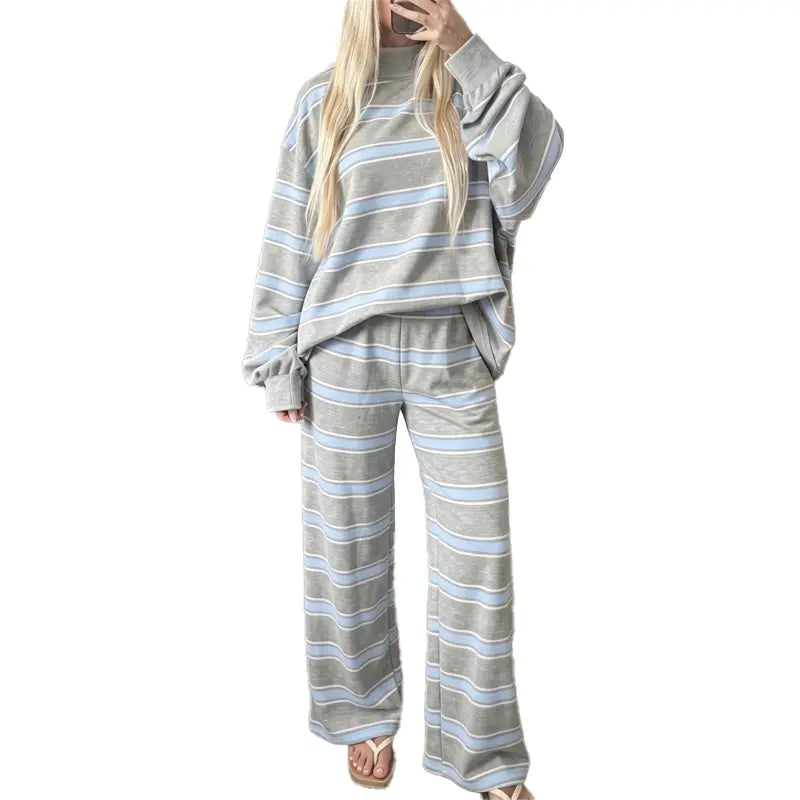 Women's Striped 2 Piece Set – Oversized Mock Neck Top & Wide Leg Pants