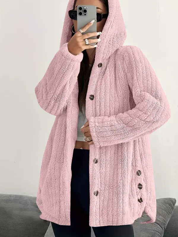Women's Hooded Teddy Fleece Cardigan Jacket – Mid-Length Plush Coat with Button Front & Side Slits, Relaxed Fit Fall/Winter Outerwear