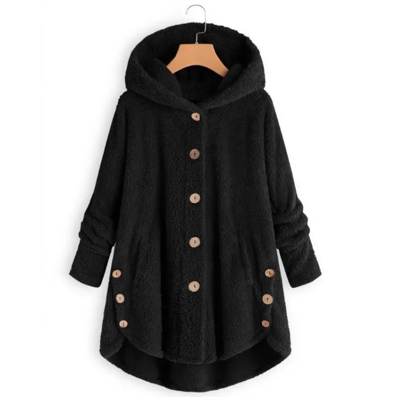 Women's Plush Round Neck Winter Coat – Thick Warm Button-Front Jacket with Asymmetric Hem