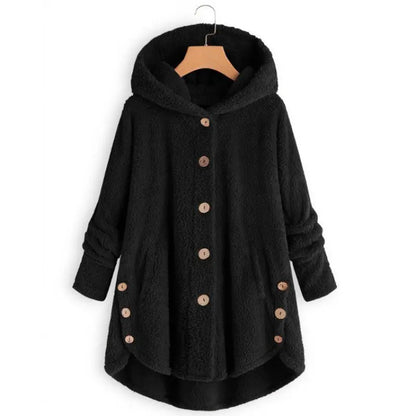 Women's Plush Round Neck Winter Coat – Thick Warm Button-Front Jacket with Asymmetric Hem