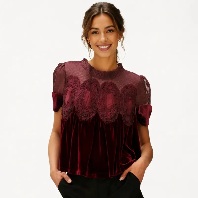 Velvet & Sheer Lace Short Sleeve Top for Women – Flowy Crewneck Swing Blouse