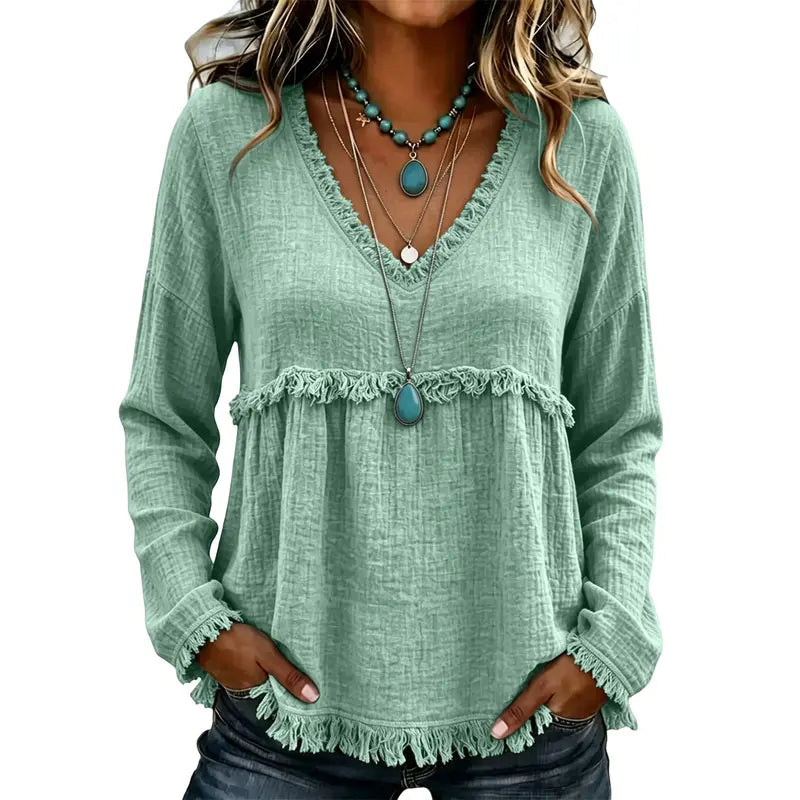 Women’s Boho V Neck Long Sleeve Fringe Top Plus Size S-3XL