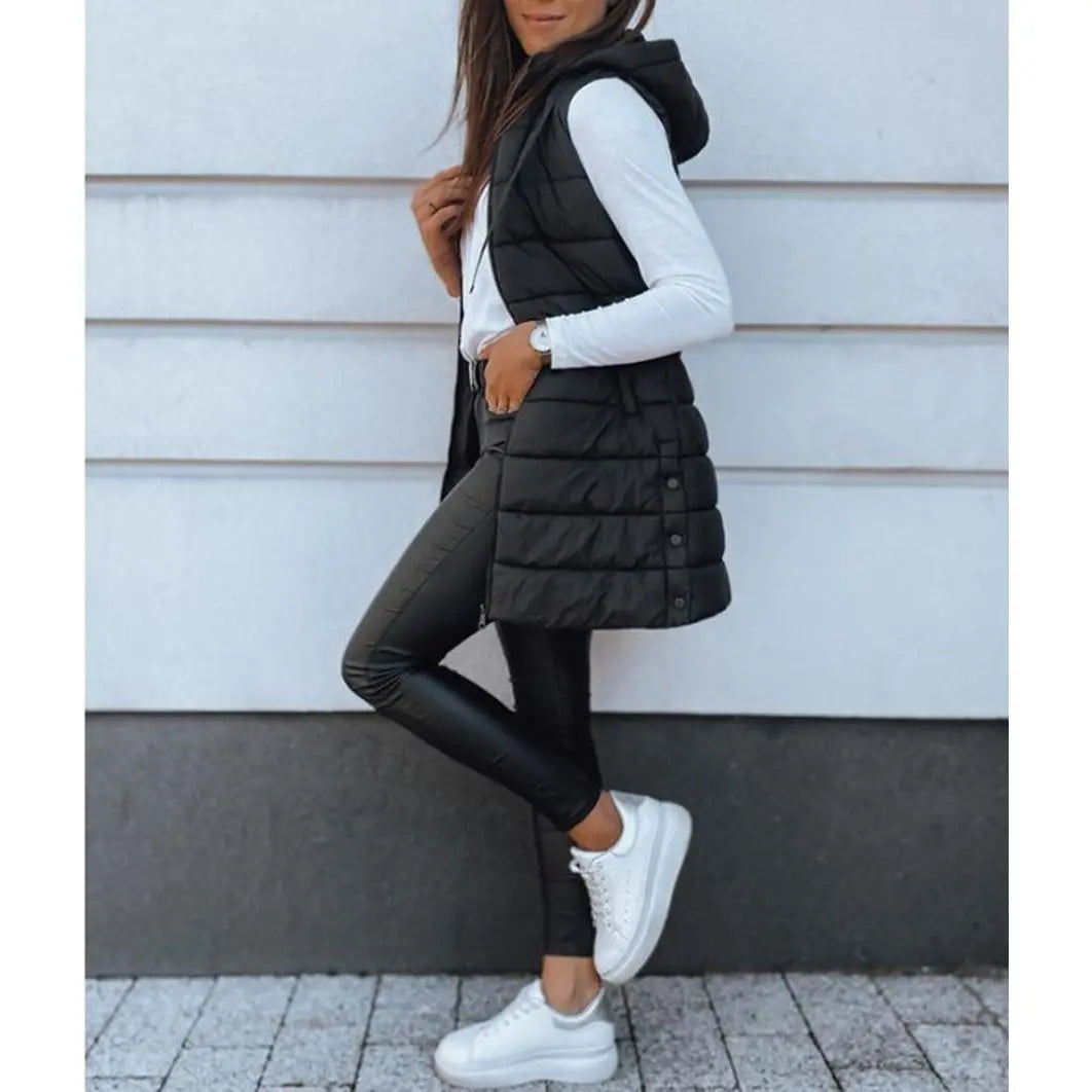 Women Long Puffer Vest Solid Color Sleeveless Hooded Winter Outwear