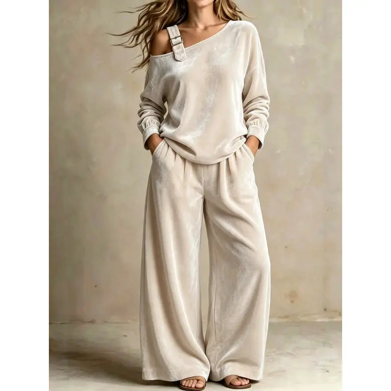 Women's Velvet One-Shoulder Top & Pants Two-Piece Set – Casual Fall Winter Lounge Outfit