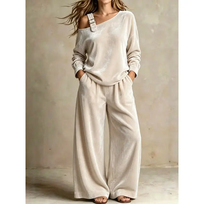 Women's Velvet One-Shoulder Top & Pants Two-Piece Set – Casual Fall Winter Lounge Outfit