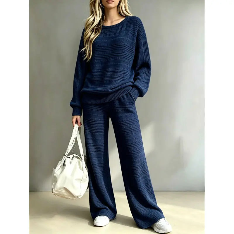 Women's Knit Two Piece Set – Oversized Sweater Top & Wide Leg Pants Lounge Outfit