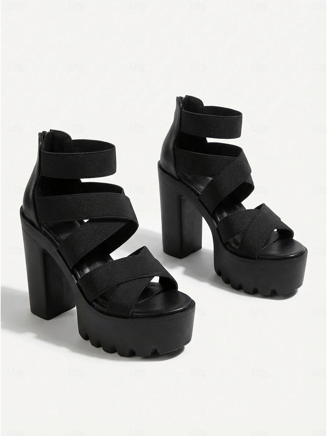 Black Chunky Heel Sandals With Strappy Design