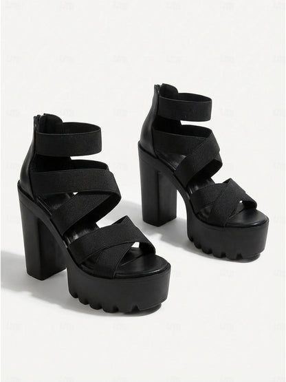 Black Chunky Heel Sandals With Strappy Design
