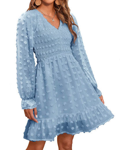 Women's Spring V Neck Swiss Dot Chiffon Mini Dress