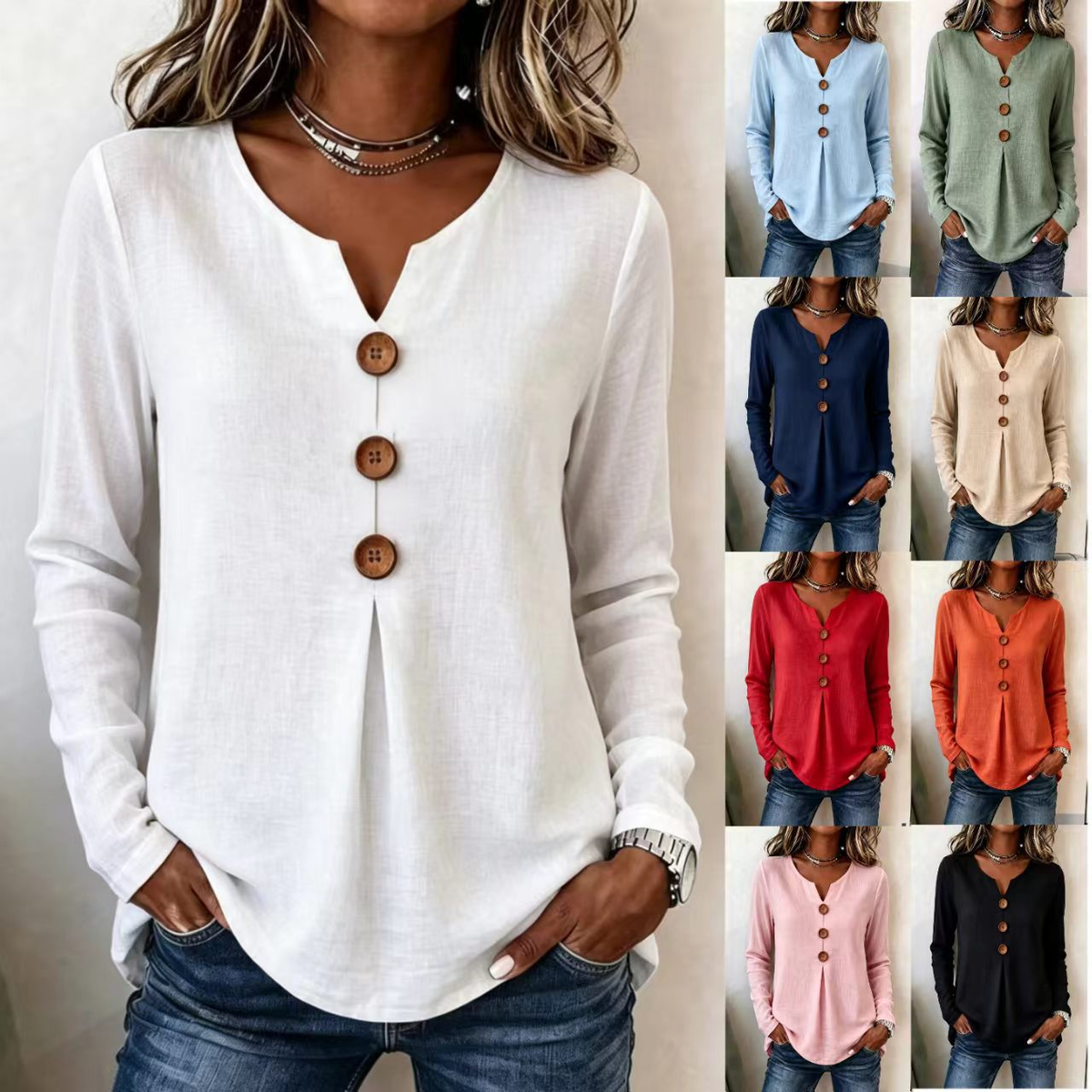 Women's Vintage Big Button V-Neck Long Sleeve Blouse – Casual Solid Color Top