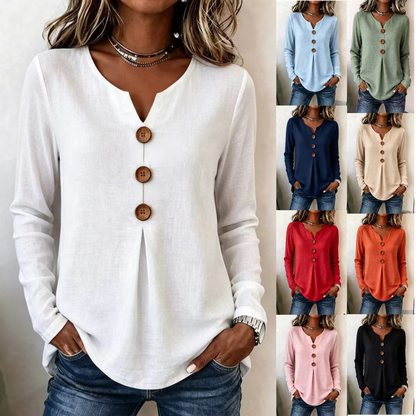 Women's Vintage Big Button V-Neck Long Sleeve Blouse – Casual Solid Color Top