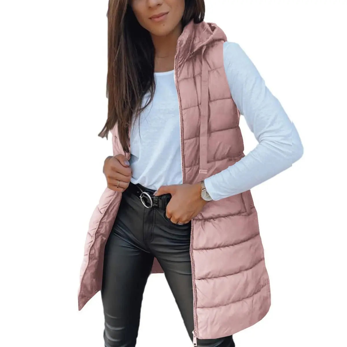 Women Long Puffer Vest Solid Color Sleeveless Hooded Winter Outwear