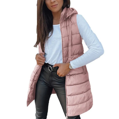 Women Long Puffer Vest Solid Color Sleeveless Hooded Winter Outwear